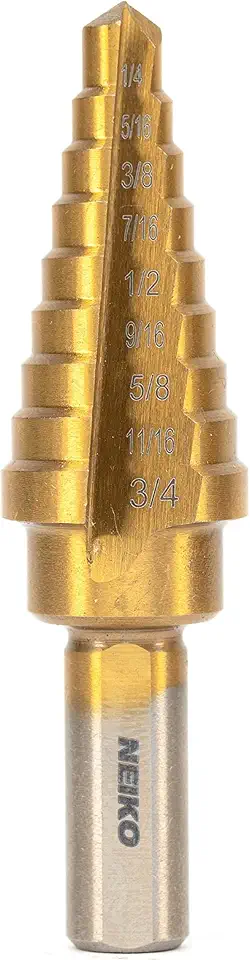 NEIKO 10184A Titanium Step Drill Bit, High-Speed Alloy-Steel Bit, Hole Expander for Wood and Metal, 9 Step Sizes from 1/4 Inch to 3/4 Inch