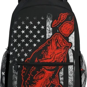 Nerxy Bass Fishing Lure And American Flag Casual Backpack Bag, Fashion Lightweight Backpacks for Holiday Gifts One Size