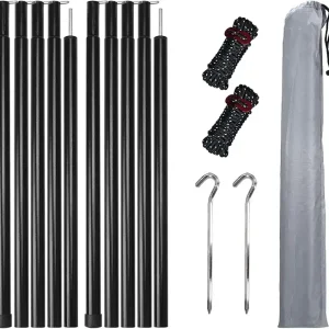 Neween Adjustable Tent Poles Steel Rods Telescoping Tarp Poles for Tent, Rain Fly, Awning, Hiking, Backpacking, Canopy Camping Replacement Set of 2 with Pegs & Reflective Ropes, Black