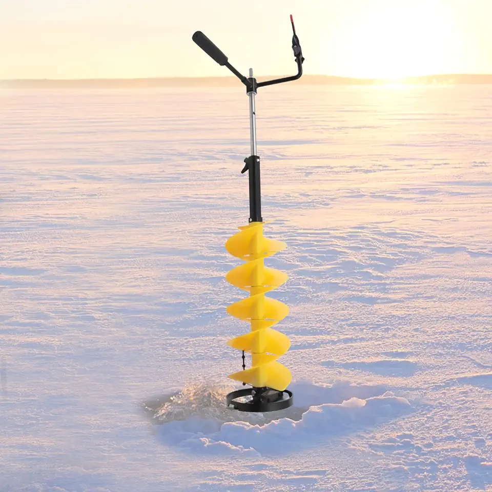 Nylon Ice Drill Auger, 8" Ice Auger Bit with Centering Point Blade, Auger Drill Bit with Drill Adapter & Top Plate, 27" Length Ice Auger Bit with 14" Extension Rod for Ice Fishing Burrowing (Yellow)