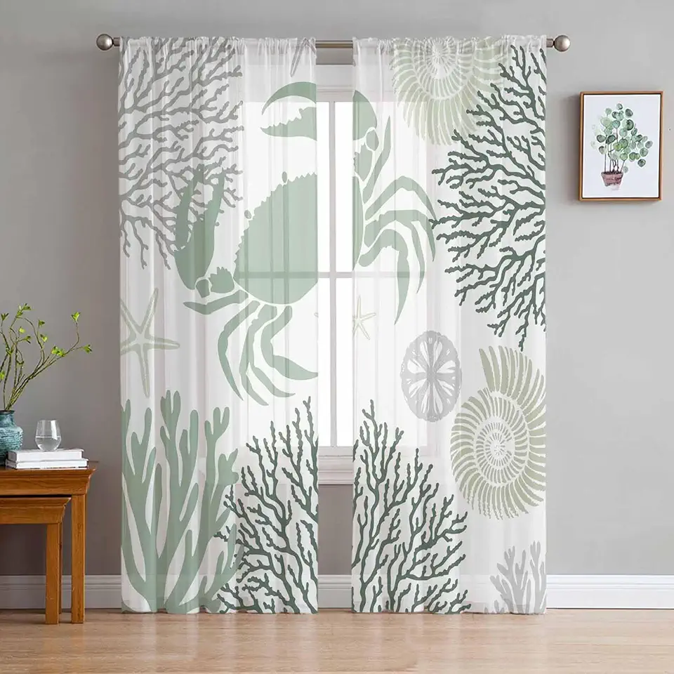 Ocean Sheer Curtains 72 Inch Long 2 Panels, Sage Green Crab Coral Starfish Curtains for Living Room Rod Pocket Sheer Drapes Light Filtering Voile Window Treatment 52" W x 72" L