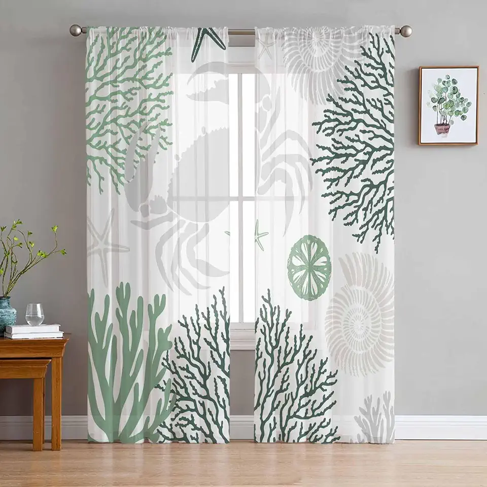 Ocean Sheer Curtains 72 Inch Long 2 Panels, Sage Green Gray Crab Coral Starfish Curtains for Living Room Rod Pocket Sheer Drapes Light Filtering Voile Window Treatment 52" W x 72" L