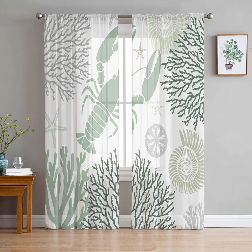 Ocean Sheer Curtains 72 Inch Long 2 Panels, Sage Green Lobster Coral Starfish Curtains for Living Room Rod Pocket Sheer Drapes Light Filtering Voile Window Treatment 52" W x 72" L