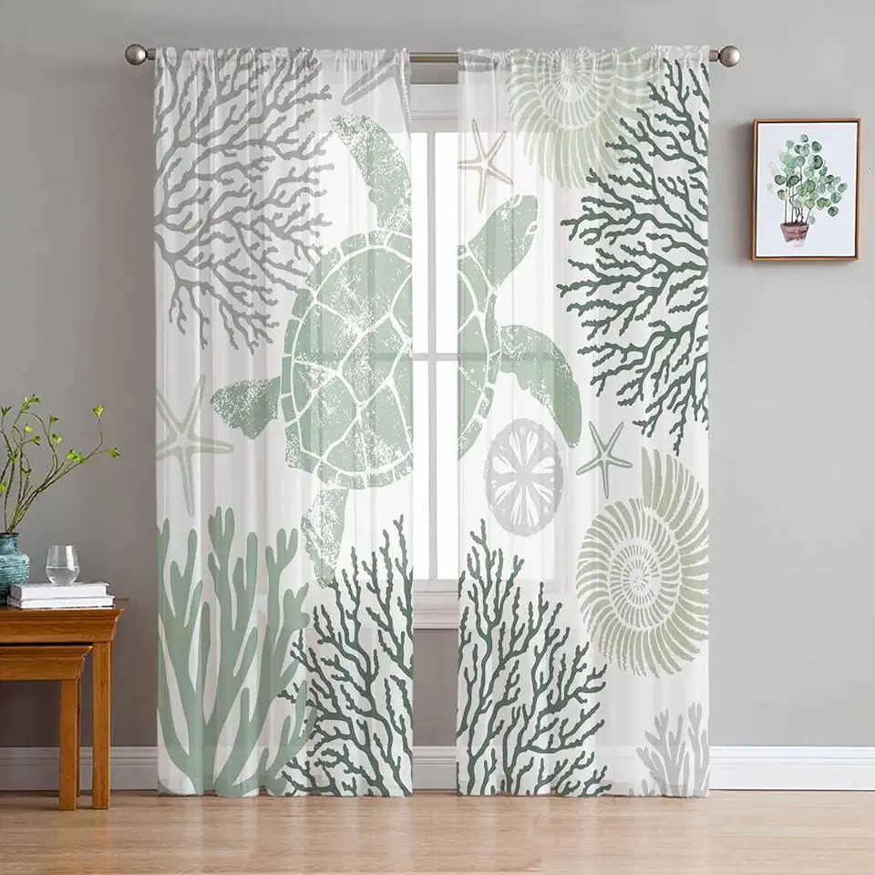 Ocean Sheer Curtains 72 Inch Long 2 Panels, Sage Green Sea Turtle Coral Starfish Curtains for Living Room Rod Pocket Sheer Drapes Light Filtering Voile Window Treatment 52" W x 72" L