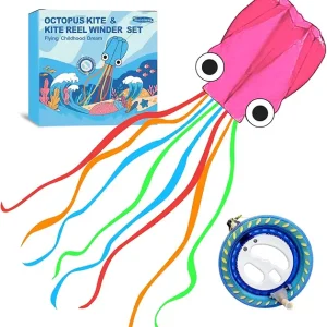 Octopus Kite & Kite Reel Set, Easy to Fly Beach Kite & Kite Spool for Kids & Adults, Single Line Frameless Kite with 7.2 Inch Kite Wheel Kit
