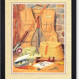Old Fly Rod and Lure Gone Fishing Cabin Picture Black Framed Art Print
