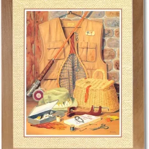 Old Fly Rod and Lure Gone Fishing Cabin Wall Picture Honey Framed Art Print
