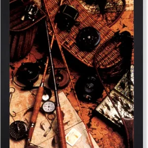 Old Wooden Fly Rod Reel and Fishing Lure Cabin Lodge Picture Black Framed Art Print