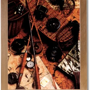 Old Wooden Fly Rod Reel and Fishing Lure Cabin Lodge Wall Picture Honey Framed Art Print