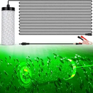 ONERAY Underwater Fishing Light, 30000LM LED Green Night Fishing Finder Attractor, IP68 Submersible Lamp for Crappie, Snook, Squid, Shrimp with Battery Clips Cigarette Charger Plug? 50FT Cord