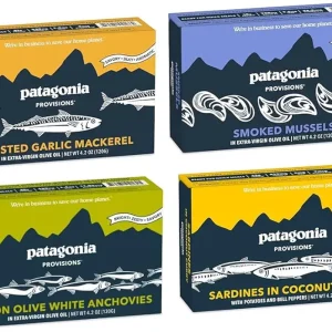 Patagonia Provisions Best Sellers Fish Bundle | (1) Roasted Garlic Mackerel, (1) Smoked Mussels, (1), Lemon Olive Anchovies, (1) Coconut Curry Sardines