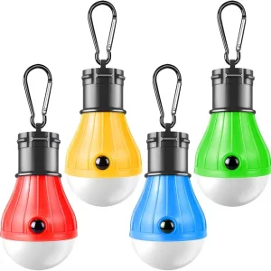 PEMOTech Camping Lantern 4 Pack, 4 Lighting Modes LED Camping Lights Bulbs with Clip Hooks, Waterproof Portable Battery Operated Emergency Tent Lights for Outdoor Camping Hiking Fishing Hunting