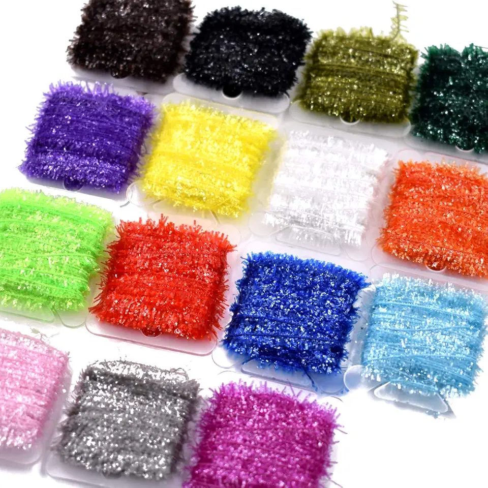 Phecda Sport 15 Cards Multi Colors Tinsel Chenille Line Crystal Flash Line Fly Fishing Tying Material for Nymphal Bugs Scud