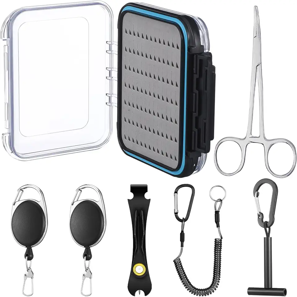 Pickmesh 7 Pcs Fly Fishing Tools Kit and Accessories, Fly Fishing Box, Fly Fishing Tippet Spool Holder, Fly Fishing Nipper, 2 Fishing Zinger Retractor, Fly Fishing Forceps and Fishing Lanyard