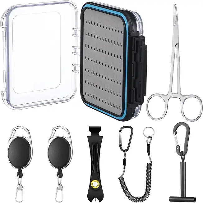 Pickmesh 7 Pcs Fly Fishing Tools Kit and Accessories, Fly Fishing Box, Fly Fishing Tippet Spool Holder, Fly Fishing Nipper, 2 Fishing Zinger Retractor, Fly Fishing Forceps and Fishing Lanyard
