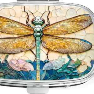Pill Box, Small Pill Case for Purse & Pocket, Metal Decorative Pill Container, Cute Mini Portable Pill Holder to Hold Supplements, Vitamins, Fish Oil, BPA-Free(Dragonfly)