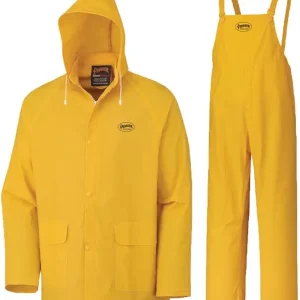 Pioneer Waterproof PVC Work Suit for Men � Repel Rain Gear Yellow Safety Jacket and Bib Pants - 3 PC Set With Detachable Hood