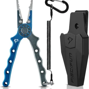 Piscifun Fishing Pliers, Saltwater Fishing Pliers with Split Ring, Fish Hook Remover, Corrosion Resistance Fly Fishing Pliers with Braid Cutters, Sheath and Lanyard, Fishing Gear Gifts for Men