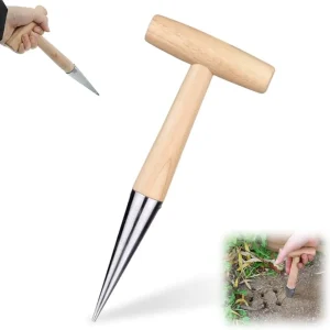 Plant Hole Digger for Planting, Seed Dibber Garden Tool, Hand Dibbler Seed Planter Tool,Bulb Planter Tool, Seeds Transplanting Plants Planting Bulbs, T Wooden Handle - Easy to Drill Holes (1PCS)