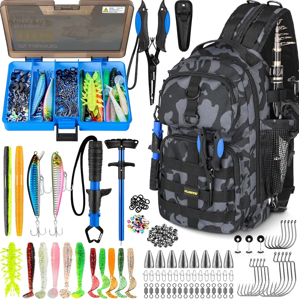 PLUSINNO Fishing Backpack with Tackle Boxes, Waterproof Fishing Sling Tackle Bag for Fishing Gear with Rod Holder, Fishing Gifts for Men with Fishing Lures, Fishing Pliers, Fish Lip Gripper.