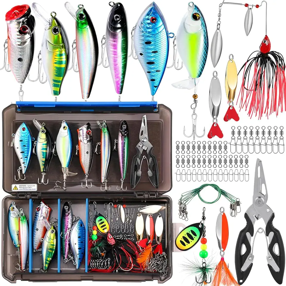 PLUSINNO Fishing Lures Tackle Box Gifts for Men, Bass, Trout Fishing Gear for Saltwater & Freshwater Including Topwater Lures, Hooks, Spinnerbaits