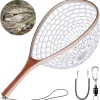PLUSINNO Fly Fishing Net, Wooden Frame Fishing Landing Net with Magnetic Release, Soft Rubber Mesh Net for Trout Bass Catch and Release, Magnetic Fly Fishing Gear