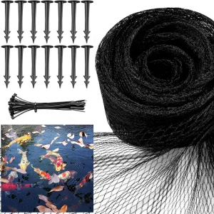 Pond Netting Cover for Leaves, 15 x 20 Koi Pond Net Cover, Durable & Sturdy Pond Netting for Koi Ponds, Protect Koi Fish Against Herons, Raccoons, Cats & Predators, 14pcs Stakes Included