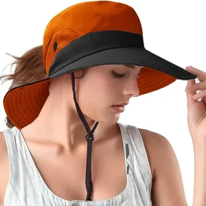 Ponytail Sun Bucket Hats for Women UV Protection Foldable Mesh Wide Brim Hiking Beach Fishing Summer Safari