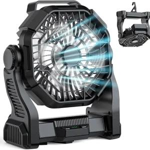 Portable Fan Rechargeable, Real 10000mAh Battery Powered Fan with LED Light and Hook, Battery Operated Camping Fans for Tent 10-Inch, USB Outdoor Fans for Travel, Fishing, Picnic, Beach, Black