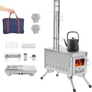 Portable Hot Tent Stove with Carry Backpack - 15" Foldable Stainless Steel Wood Burning Camp Stove for Camping, Hunting & Ice Fishing
