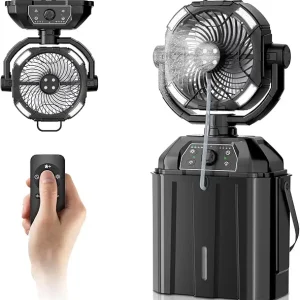 Portable Misting Fan for Outdoor Patio, 20000mAh Rechargeable Battery Operated Camping Fan with 1.6 Gal Bucket, Strong Winds, 4 Large Spray Outlets, for Fishing/Travel/Garden Party/Golf/Tent, Black