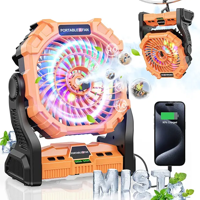 Portable Misting Fan with RGB Light, 12000mAh Rechargeable Battery, Personal Cooling Fan for Tents with Timer & Hook, Camping Gear for Fishing, Beach, Travel, Hurricane (Orange)