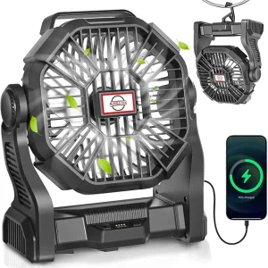 Portable Rechargeable Camping Fan, Cordless Battery Powered Outdoor Fans with LED Light, High Speed Beach Fan with Hanging Hook, 270�Rotation USB Personal Cooling Fan for Tents, Camp, Travel, Fishing