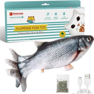 Potaroma Cat Toys Flopping Fish with SilverVine and Catnip, Moving Kitten Kicker, Floppy Wiggle Carp for Small Dogs, Interactive Motion Kitty Exercise, 10.5 Inches