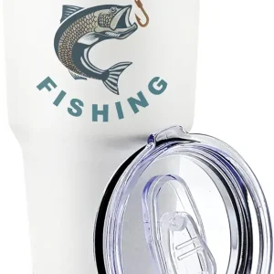 Premium 30 oz Gone Fishing White Tumbler with Slider Lid - Insulated Stainless Steel with lid, Keeps Drinks Hot or Cold - Unique Fishing Gift, Fishing Coffee Tumbler for Men, Gifts for Fishing Lovers