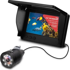 Pyle 4.3'' Portable LCD Monitor Underwater Fishing Camera - 1000TVL Waterproof Fish Finder with 12 Infrared LED Lights, IP68 Water-Resistant, Ice/Ocean/Lake Fishing, Carrying Case Included (Black)