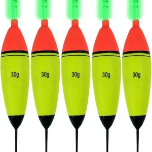 QualyQualy 5Pcs Lighted Fishing Bobbers EVA Foam Fishing Floats and Bobbers + 10Pcs Fishing Glow Sticks, Night Fishing Light Up Bobbers