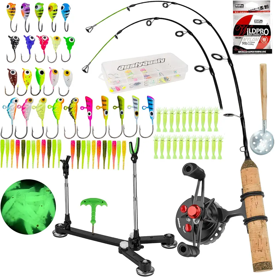 QualyQualy Ice Fishing Rod Reel Combo Complete Set Ice Fishing Gear with Backpack Seat Ice Cleats Ice Fishing Jigs Line Full Ice Fishing Kit 24" 26"