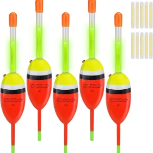 QualyQualy Lighted Fishing Slip Bobber 5Pcs Wood Slip Bobbers + 10Pcs Fishing Glow Sticks, Night Fishing Light Up Slip Bobber for Fishing Crappie Bluegill Trout Bass Panfish Catfish Walleye
