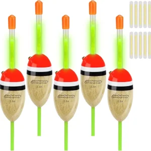 QualyQualy Lighted Fishing Slip Bobber 5Pcs Wood Slip Bobbers + 10Pcs Fishing Glow Sticks, Night Fishing Light Up Slip Bobber for Fishing Crappie Bluegill Trout Bass Panfish Catfish Walleye