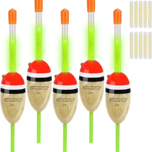 QualyQualy Lighted Fishing Slip Bobber 5Pcs Wood Slip Bobbers + 10Pcs Fishing Glow Sticks, Night Fishing Light Up Slip Bobber for Fishing Crappie Bluegill Trout Bass Panfish Catfish Walleye