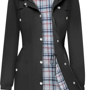 Rain Jacket Women Lightweight Raincoats Outdoor Waterproof Windbreaker Hooded Plaid Lined Trench Coat S-XXL