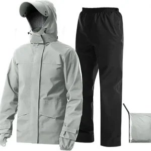 Rain Suit Waterproof Jacket with Pants 2 Pieces Breathable Lightweight Packable Raincoat with Hooded Rain Gear Unisex