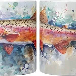 Rainbow Trout Coffee Mug - 11oz White Ceramic Cup with Full Wrap Watercolor Art Style Design - Gift for Fly Fishermen, Anglers, and Nature Lovers