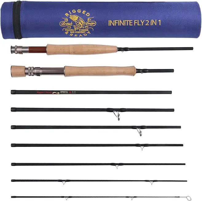 Rigged and Ready 2-in-1 Fly Fishing Travel Rod. 2 Rods. 9ft 273cm #6 7ft 213cm and #4 Fishing Rod Options 2 Handle Combination. Toray Carbon-8 Sections. Tube 18� 45cm
