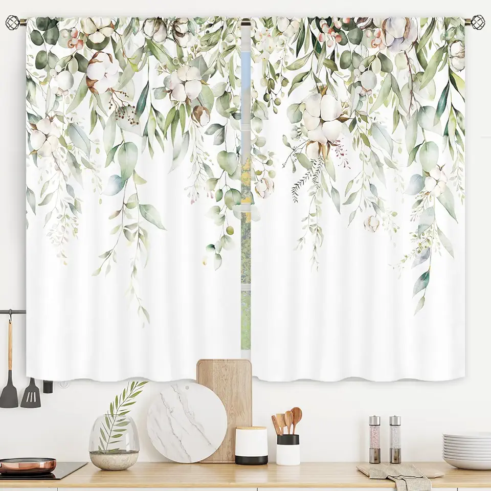 Riyidecor Sage Green Eucalyptus Leaves Kitchen Curtains Short Small Rustic Spring Cotton Flower Floral Wooden Plant Rod Pocket Farmhouse Bedroom Living Room Treatment Fabric 2 Panels 27.5Wx39H Inch