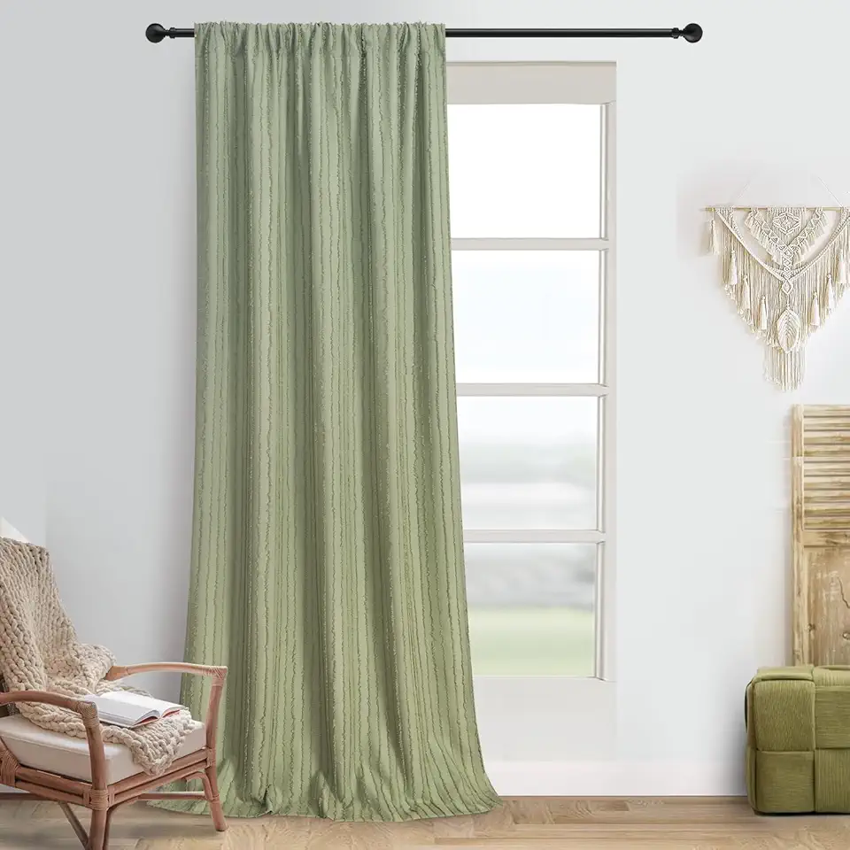 Roslynwood Boho Linen Curtains - Vertical Stripe Sage Green 72 Inches Long Window Sheer Rod Pocket - Light-Filtering Voile Panel for Living Room/Bedroom, 2 Panels
