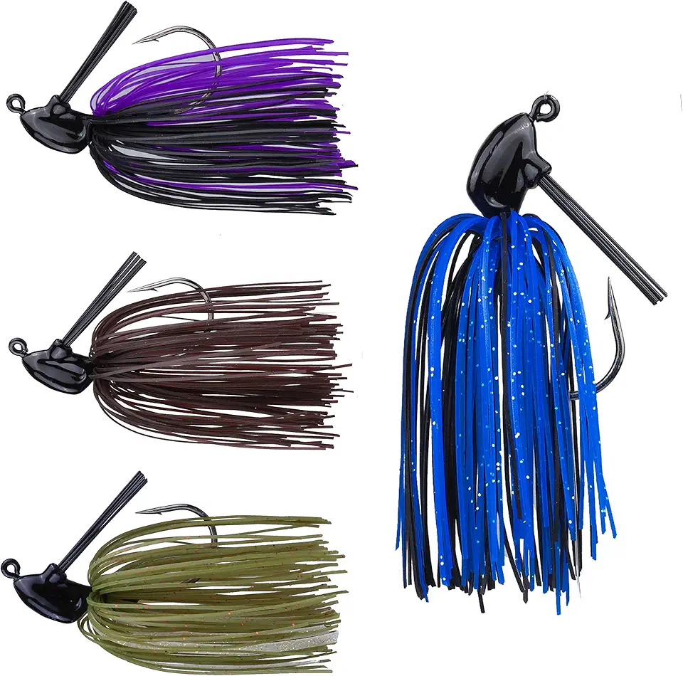 RUNCL Anchor Box - Bass Fishing Lures - Flipping, Swim, Football Jigs - Spike Trailer Keeper, Silicone Skirts, Streamlined Head, Weedguard System - Proven Colors (Pack of 4)