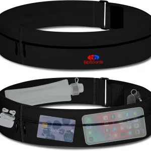 Running Belt, Black | No-Bounce, Water & Sweat-Resistant Fanny Pack for Phone, Keys, Cards | Adjustable Waist 38�-48� | Lightweight for Running, Cycling, Hiking, Marathons and Races