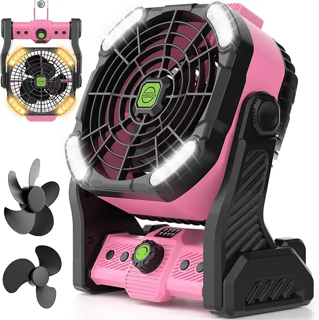 RUNTOP Camping Fan with LED Light, 20000mAh Rechargeable Battery Powered Outdoor Tent Fan with Hook,High Speed 270�Rotation Battery Operated Personal Travel USB Desk Fan Fishing, Worksite Beach, Pink